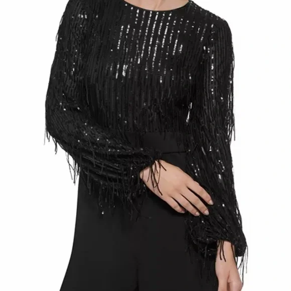 Eliza J Sequin Fringe Long Sleeve Jumpsuit Black 8 Evening Black Tie - Picture 3 of 14
